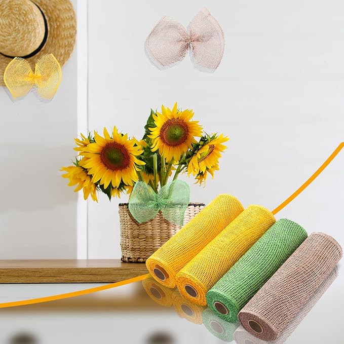 Chuangdi 4 Rolls Spring Summer Poly Burlap Mesh Poly Burlap Deco Ribbon Mesh Roll for Easter DIY Flower Wreath Garland, 10 Inch