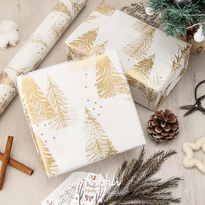Ribbli Christmas Wrapping Paper Christmas Tree with Gold Foil White Kraft Gift Wrapping Paper Rolls -17 Inch x 33 Feet Per roll