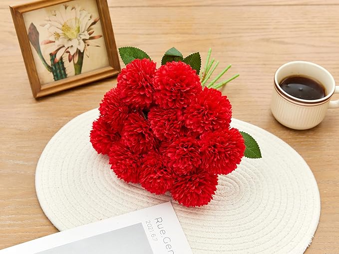 SITUMEIZI 12 Pcs Red Flowers Artificial Chrysanthemums Ball Flower Fake Mums Silk for Spring Wedding Home Kitchen Christmas Decoration Floral Arrangement Table Centerpiece
