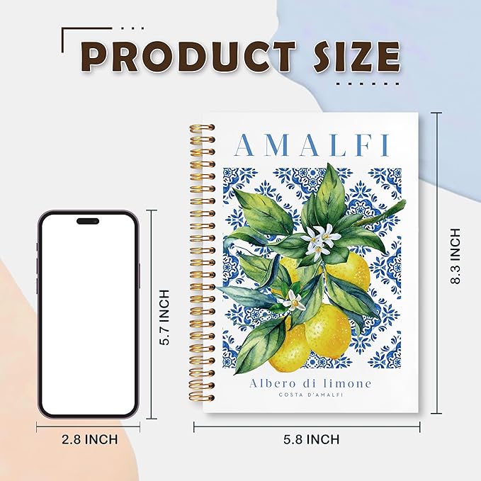 VIIJJUE Italian Amalfi Coast Lemon Notebook Journal, Blue and White Floral Mediterranean Tiles Lemons Tree Gifts Notebook, Hardcover Spiral Journal 5.5x8.3 Inch
