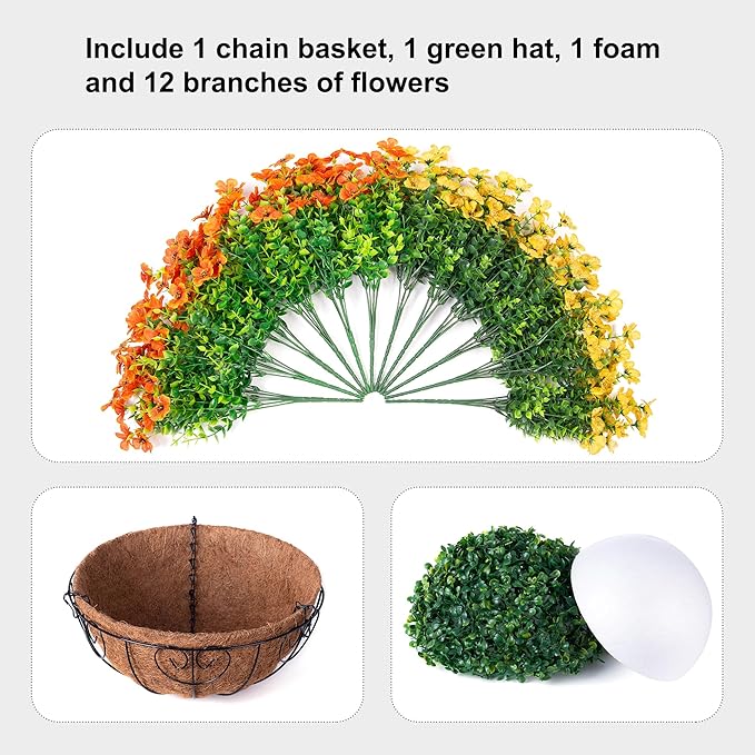 HyeFlora Artificial Fake Hanging Mums Plants Flowers Basket for Fall Autumn Outdoor Decor, Faux Silk Orange Dasiy Flower Look Real UV Resistant for Outside Porch Home Patio Garden Decoration