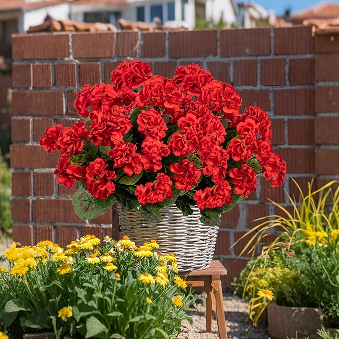 Plastic Flowers for Outdoors Home Decor Fake Plants Artificial Flowers Artificial Geraniums Outdoor Fake Flowers Silk Bouquet, Fall Decoration for Interior Porch Garden Decor(Red) 8PCS 14.4"