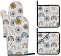 Cute Rainbows Oven Mitts and Pot Holders,Boho Floral Flowers Heat Resistant Oven Mitts Gloves and Pot Holder for Home Kitchen Decorations Cooking Baking BBQ Gifts,Set of 4