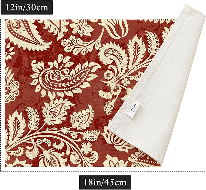 LilyCat Linen Fabric Red Paisley Floral Placemats, Durable Boho Dining Table Mats for Kitchen, Rustic Vintage Washable Place Mats Set of 4, 18’’× 12’’