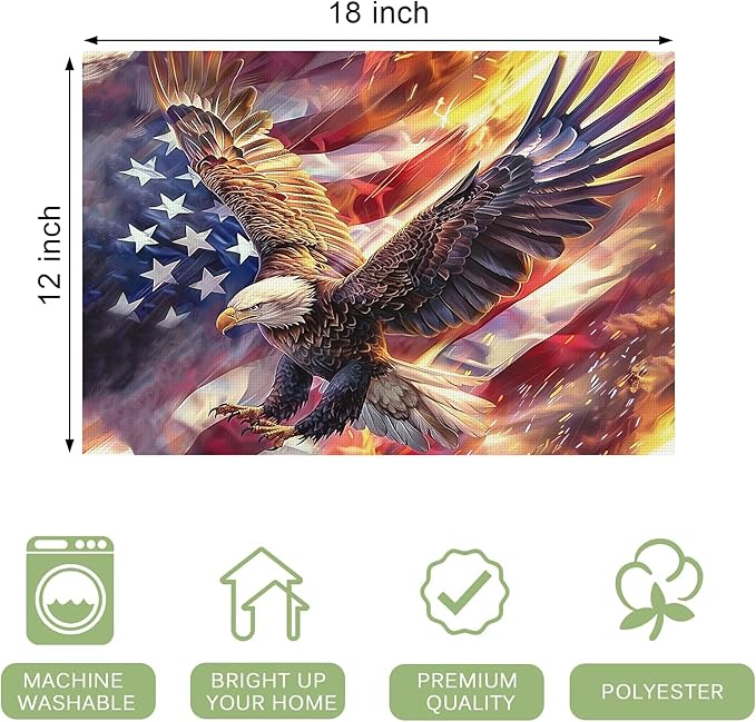 American Flag Placemats Set of 6 Washable Table Bald Eagle Heat-Resistant Cotton Linen Place Mats for Dining Table Kitchen Indoor Outdoor Party Holiday Decor