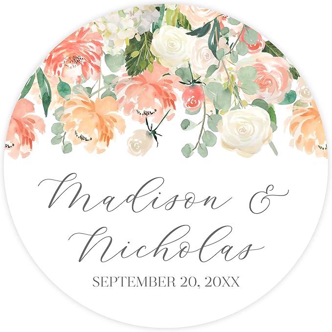 Personalized Floral Wedding Stickers with Your Choice of 30 Flower Styles - Choose Font and One of Five Pre-made Phrases or Add Custom Text (026 - Peach Flowers)