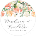 Personalized Floral Wedding Stickers with Your Choice of 30 Flower Styles - Choose Font and One of Five Pre-made Phrases or Add Custom Text (026 - Peach Flowers)