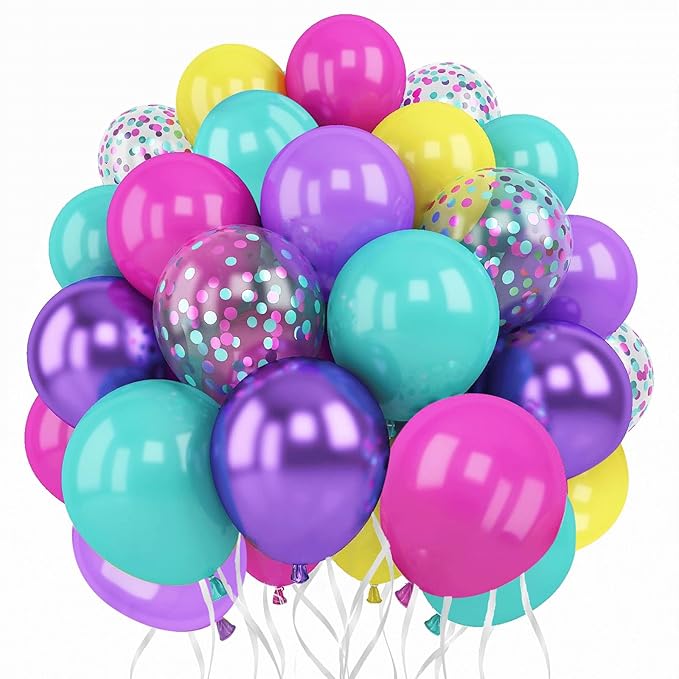 Pink Blue Purple Balloons, 50 Pcs 12 Inches Hot Pink Metallic Purple Teal Yellow Balloons Confetti Balloons for Birthday Theme Decoration Brida Shower Engagement Party Supplies