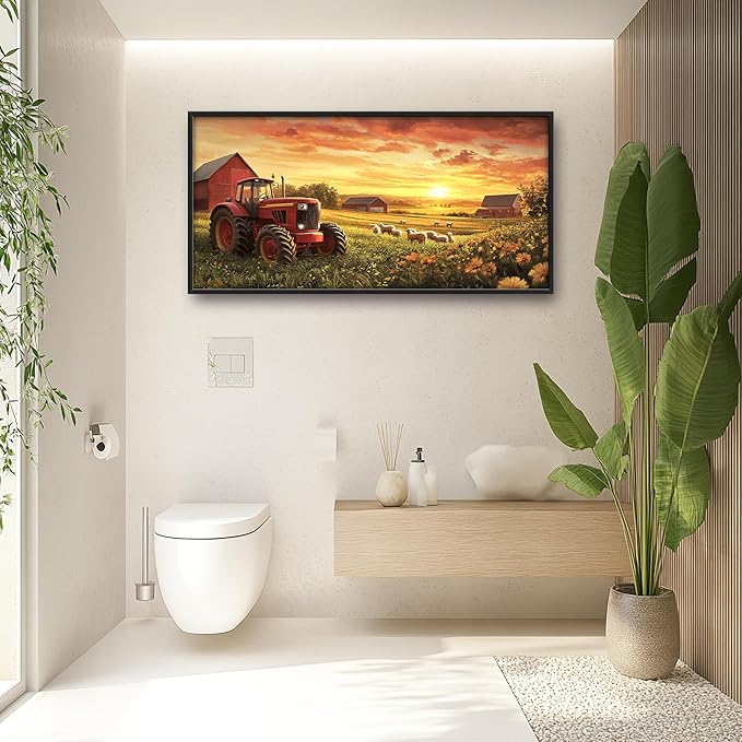 Farmhouse Sunset Large Wall Art Framed Wall Decor for Living Room Rustic Barn Tractor Pictures Oversized Canvas Print Painting Modern Extra Large Framed Artwork for Bedroom Office 60"x30"