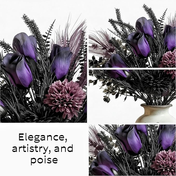 Vintage Purple Artificial Bouquet Roses, Dahlias, Ferns Arrangement Elegant Home Decor Floral Arrangement Artificial Flowers, Decorative Blooms Photography Props