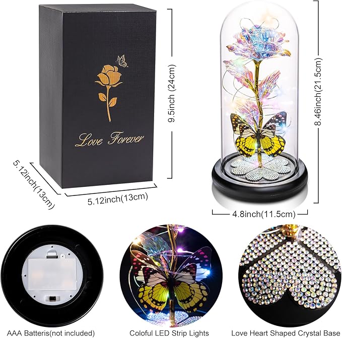 Christmas Rose Gifts for Women, Womens Gift for Christmas Birthday Gift Galaxy Glass Rose Forever Eternal Crystal Flower Light Up Roses in Glass Dome Butterfly Xmas Gifts for Mom Grandma Wife Colorful
