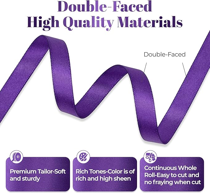 Purple Satin Ribbon, Double Faced 3/8 Inch X 50 Yards Purple Ribbon, for Gift Wrapping, Crafts, Hair Bow Making, Sewing, Flower Bouquet, Wedding Party Decor
