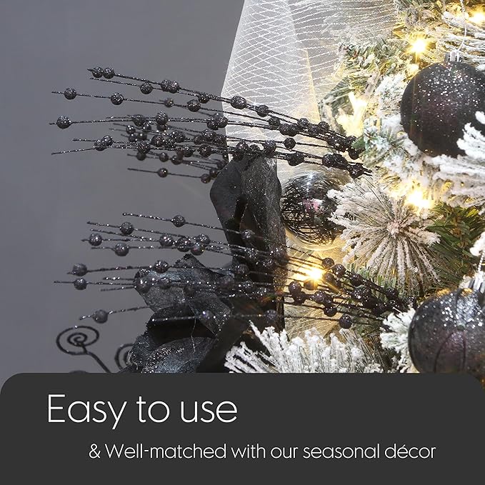 Sea Team 24-Pack Artificial Glitter Berry Stem Ornaments, Decorative Bead Sticks, Glittery Twigs, Picks, Branches for Christmas Tree, Small Vase, Holiday, Wedding, Party (17 Inches, Black)
