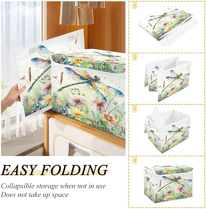 senya Baskets Collapsible Storage Bins with Lids, Dragonfly Wildflowers Painting Storage Boxes Clothes Baskets for Organizing, B06D22020