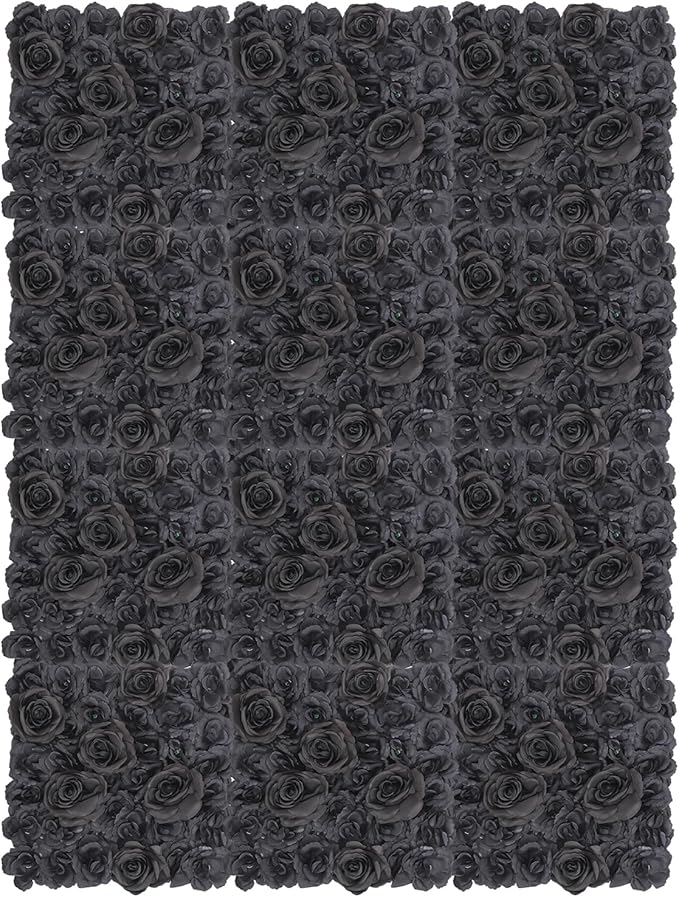 12PCS Black Rose Flower Wall Panels, 3D Artificial Silk Floral Background Decor for Wedding Party Indoor Outdoor Home Decoration (15x15in)