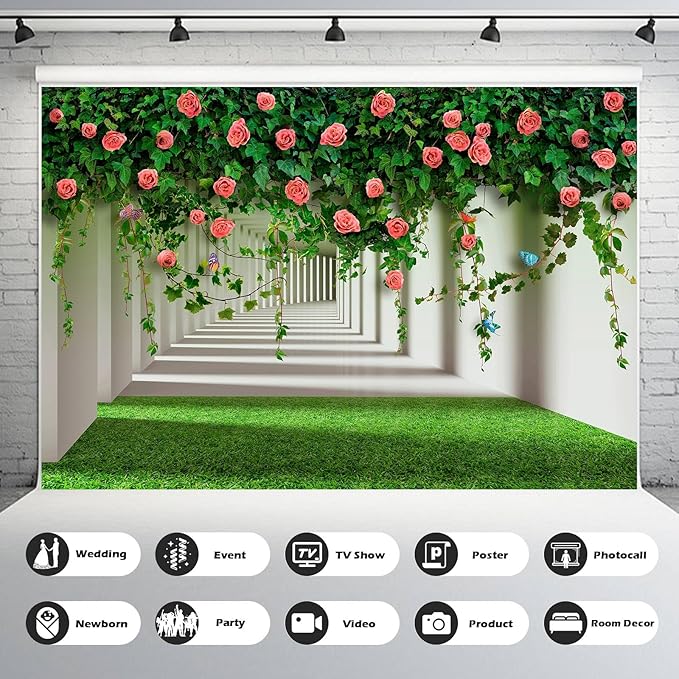Rose Flowers Backdrop Red Rose Flowers and Green Leaves with Butterflies Photography Background Spring Alley Green Grass Backdrops Outdoor Wedding Party Decorations Photo Studio Props 7x5ft