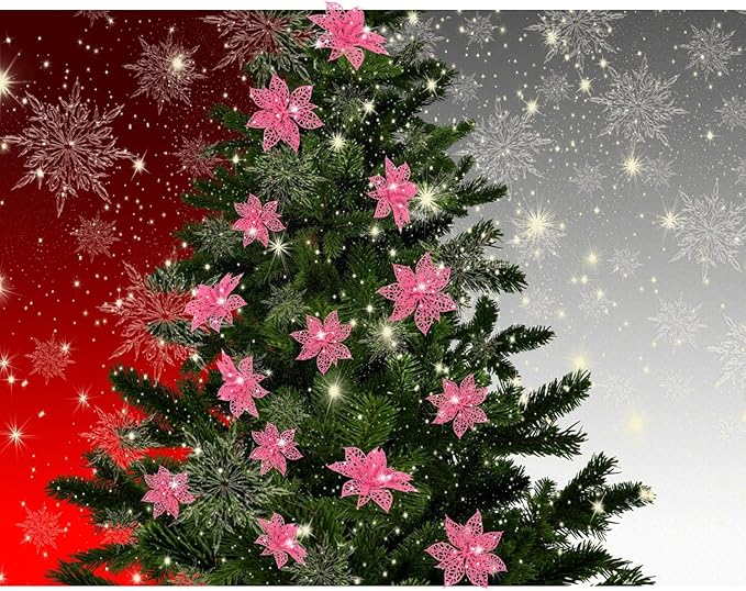 Boao Pink 24 Pieces Poinsettia Flower Christmas Glitter Artificial Poinsettia with Clips Christmas Tree Ornament Decorations for DIY Xmas Wreath Holiday Home Party Decor, 3/4/6 Inches