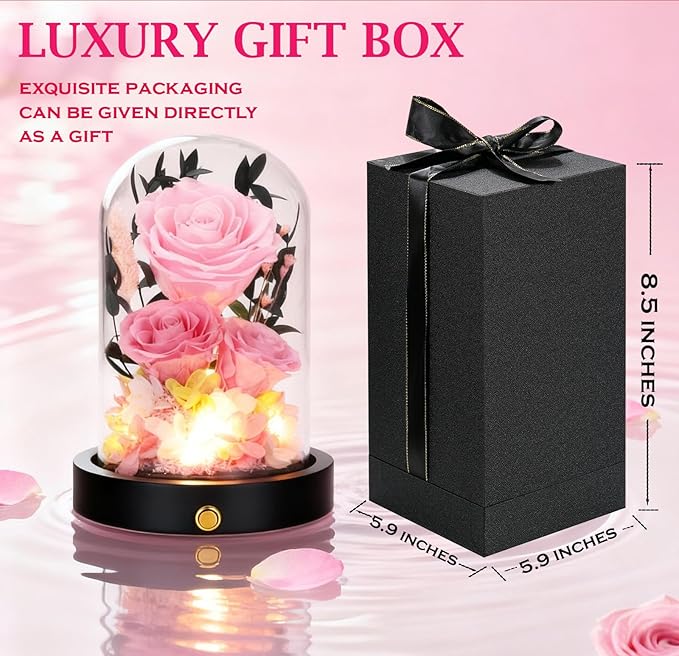 Preserved Flowers in Glass Dome, Christmas Pink Flowers for Delivery Prime, Forever Roses Valentines Day Anniversary Mothers Day Birthday Gifts for Mom Women Wife Girlfriend