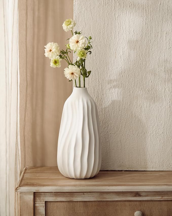 Ceramic Rustic Vase for Decor - 8.4Inch Farmhouse Vases - Decorative Vase for Home Decor, Living Room, Table, Boho - Shell White