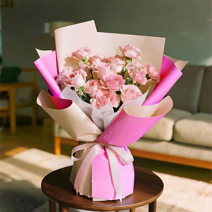 WRAPAHOLIC 20 Sheets Flower Wrapping Paper - 22.4 x 22.4 inch Barbie Pink Color Water-Resistant Floral Bouquet Wrapping Paper, Florist Supplies Packaging for Wedding Birthday Gift DIY