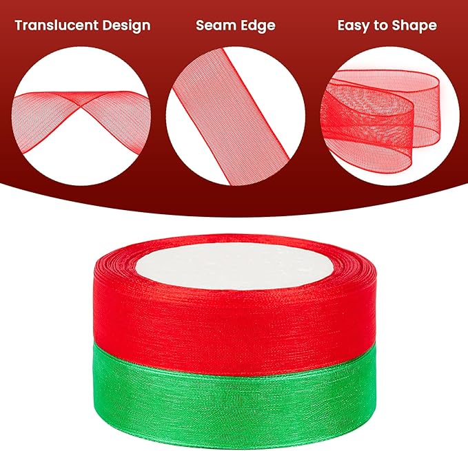 100 Yards Red & Green Sheer Organza Ribbons for Bow Making, Gift Wrapping, Christmas Decoration