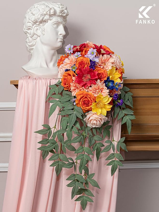 FANKO Artificial Flowers Mixed Rainbow Combo, Fake Silk Rose Flowers Orange & Champagne Roses, Pink Dahlia for DIY Wedding Bridal Bouquets/Centerpieces/Home