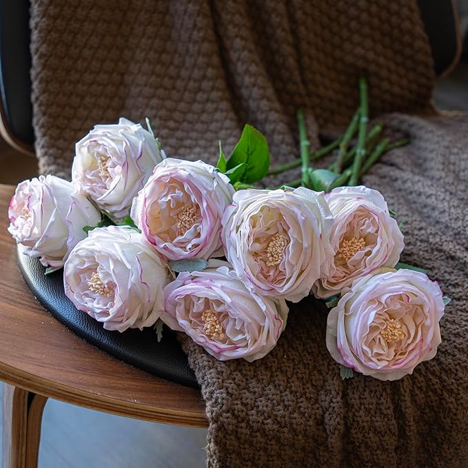Light Pink 4pcs Fake Flowers for Decoration Home Decor Real Touch Artificial Flowers Austin Rose Peony Latex Fake Flower Living Room Decoration Vivid Pink Roses Peonies(Pink Edge 4pcs)