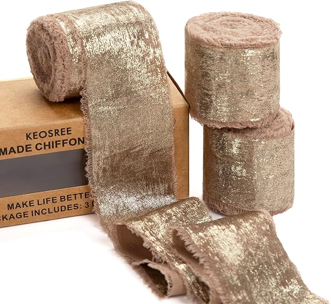 Light Brown Silk Chiffon Ribbon,Frayed Shimmery Silk Ribbon for Bridal Flower Bouquet Christmas Gift Wrapping Wedding Decor Invitations Decorations 1.5" x 15 Yards (5Yards X 3 Rolls)