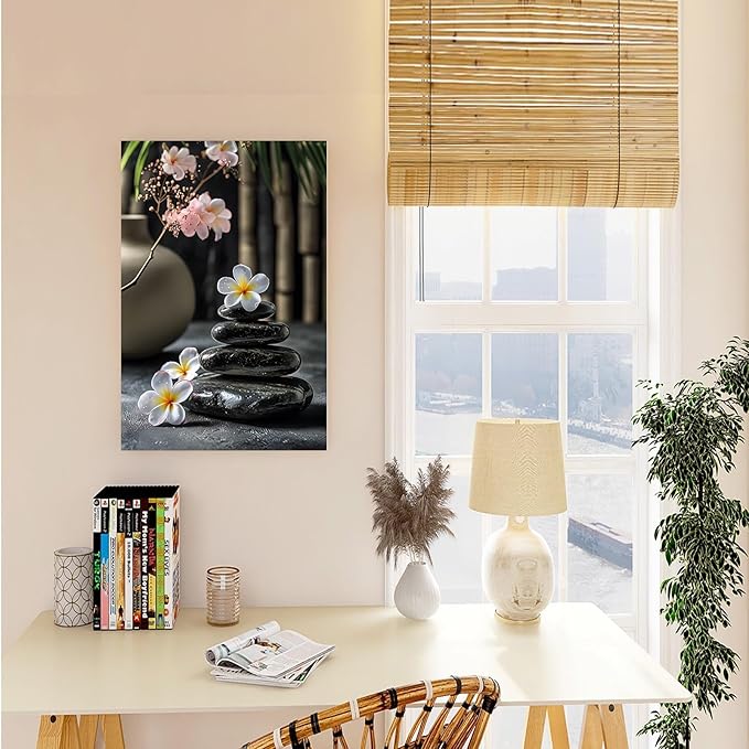A harmonious black stone stack paired with white and pink flowers bamboo and ceramic vases creates a tranquil Zen decor for minimalist homes and mindful spaces 16x24in Frameless