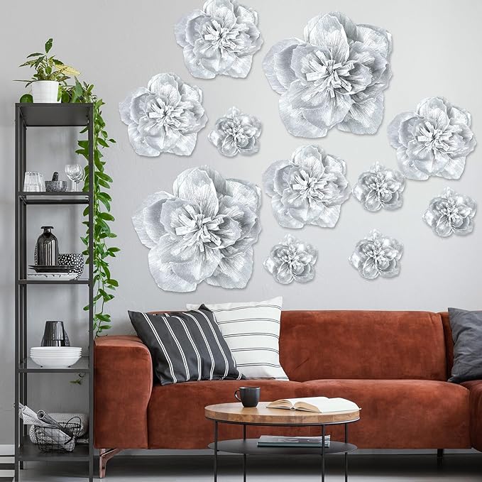 Giant Paper Flowers Artificial Large Paper Flower Decoration for Handcrafted Wall Backdrop Christmas Mexican Wedding Graduation Bridal Shower Birthday Party Supplies(Silver,12 Pcs)