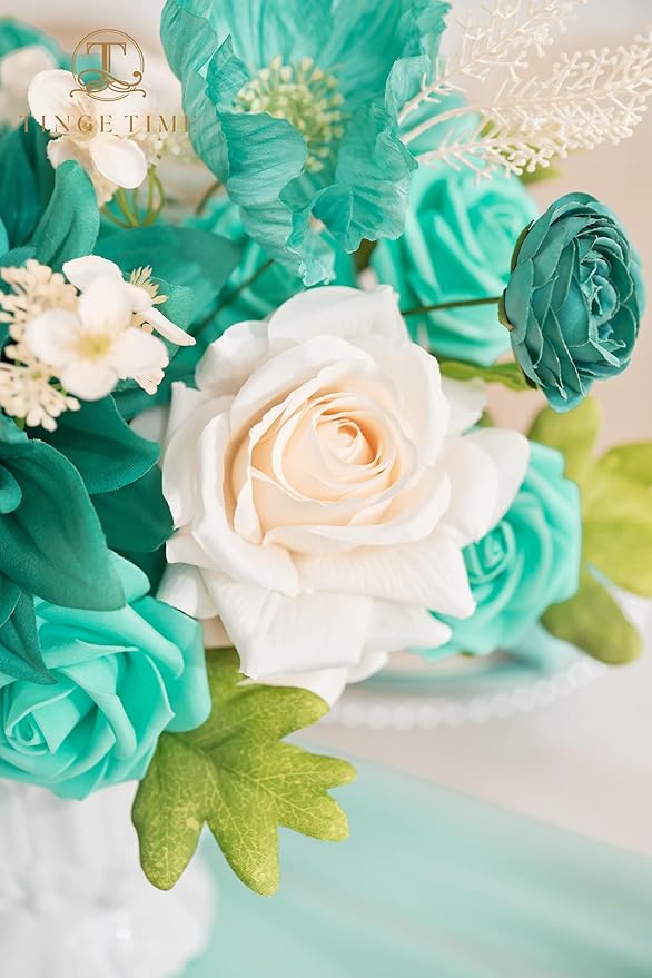 TINGE TIME Artificial Flowers Combo Mix Silk Flowers Teal Green Roses w/stem for DIY Wedding Bridal Bouquets Baby Shower Floral Arrangement Table Centerpieces Home Decorations (Deep Teal Green)