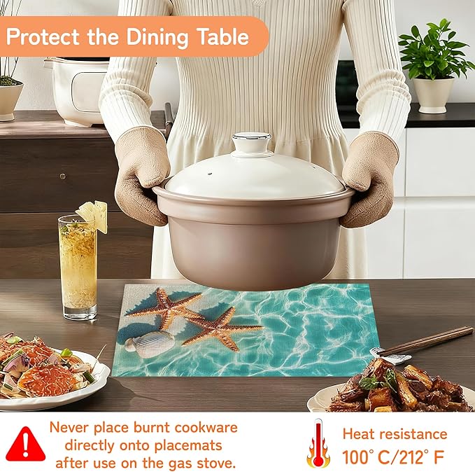 Beach Starfish Placemats Set of 6,Sea Washable Kitchen Dining Linen Table Mats for Home Party Dinner Indoor Outdoor 12x18Inch