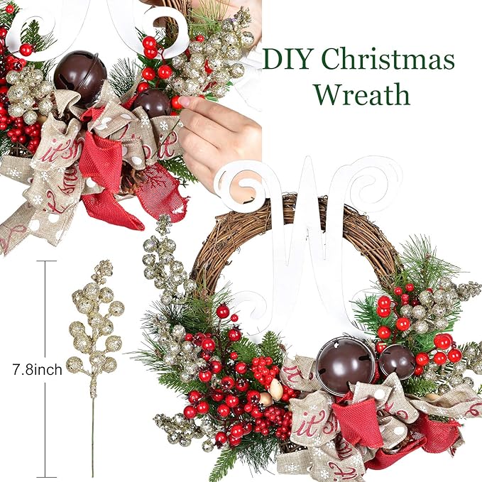 14 Pack Christmas Glitter Berries Stems Clearance, 7.8 Inch Artificial Christmas Picks for Christmas Tree Ornaments, DIY Xmas Wreath, Crafts, Holiday and Home Decor, Champagne
