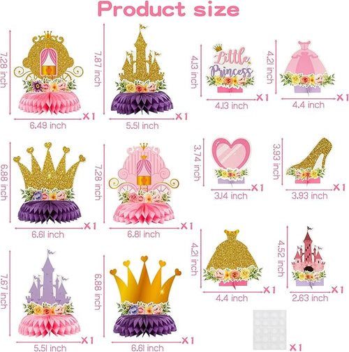 12Pcs Floral Princess Party Honeycomb Centerpieces Princess Theme Party Decorations Supplies Pink and Gold Castle Crown Carriage Baby Shower Birthday Table Toppers for Girls
