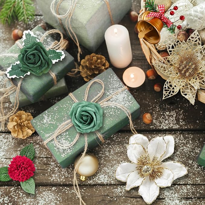Jspupifip Christmas Artificial Flowers Combo Box Gold, Red, Green Fake Silk Roses Mix Dahlia Poinsettias for DIY Wedding Bridal Shower Boho Cake Decorations Floral Arrangements Centerpieces