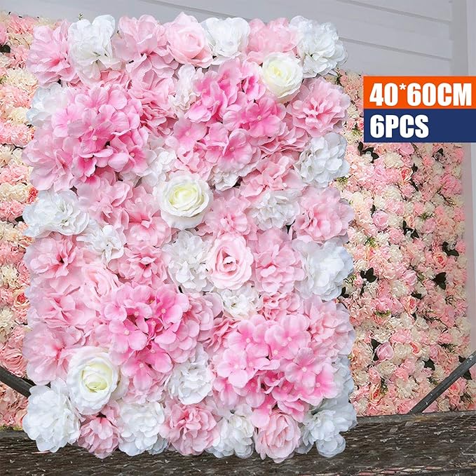 16"x 24" Artificial Flower Wall Panels,Flower Wall Mat Silk Flower Panels for Outdoor Garden Backyard Fence Fence Privacy Screen and Indoor Wall Decor (6Pcs Pink+White,Style 2)