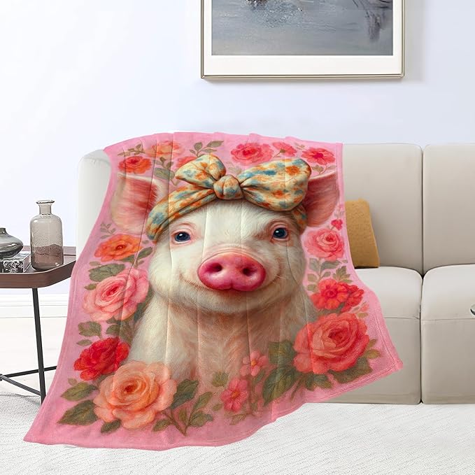 Pink Pig Blanket Cute Pig Throw Blanket Soft Cozy Fleece Fuzzy Stuffed Plush Flannel Animal Gifts for Girls Women Boys Kids Adults 60"X80"