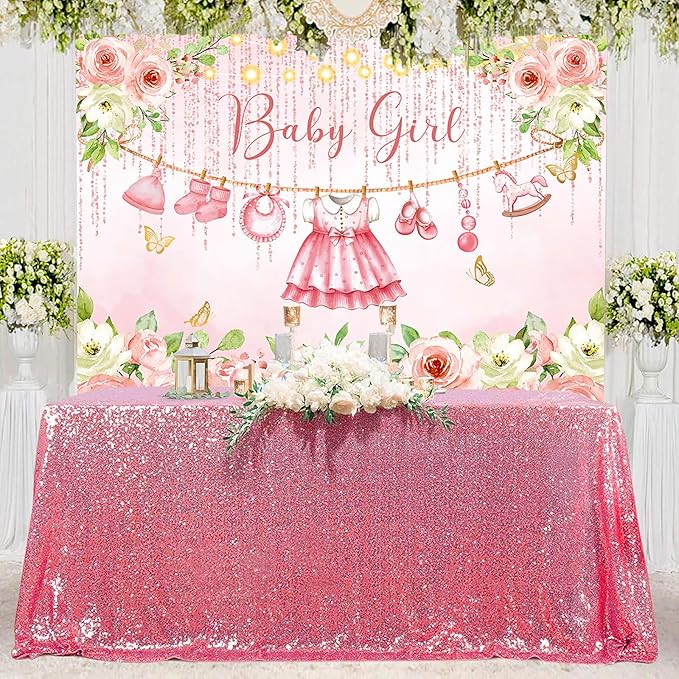 InMemory Baby Girl Shower Backdrop Pink Floral Decorations Glitter Rose Gold Clothes Photography Background Its a Sweet Girls Party Banner Photo Booth Supplies 10x7ft