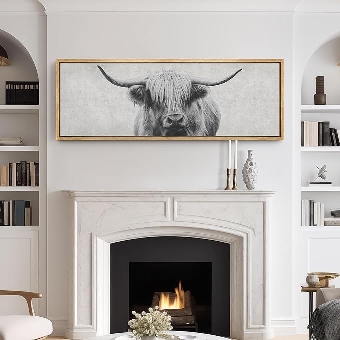 SIGNFORD Large Framed Canvas Print Wall Art Highland Gentleman Portrait of a Highland Cow Illustrations Modern Art Relax/Calm Warm for Living Room, Bedroom, Office - 60"x20"