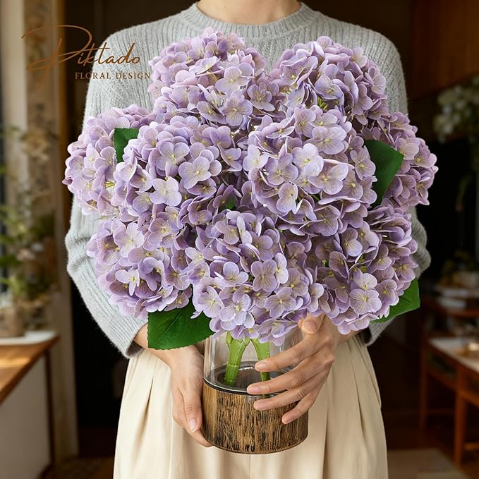 A Bunch 21in, Real Touch Hydrangea Artificial Flower, with 5pcs Flower Head 10pcs Leaves, Faux Hydrangea Flowers for Home Office Decor Wedding Party Arrangements (1, Light Purple)
