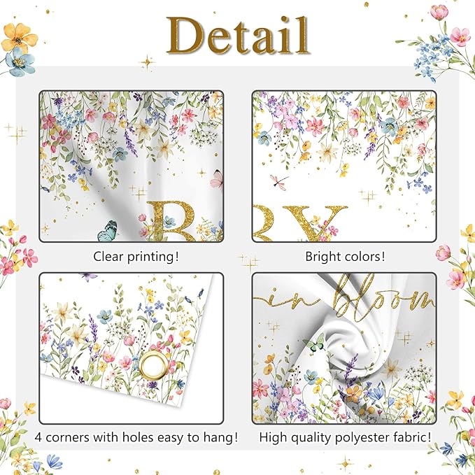 Avezano Baby in Bloom Backdrop Wildflower Baby Shower Party Decorations Watercolor Floral Baby in Bloom Banner Gold Glitter Butterfly Photography Background Cake Table Banner (7x5ft)