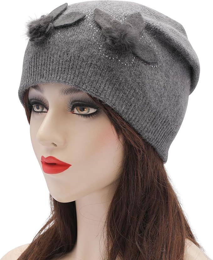 ZLYC Women Floral Slouchy Beanie Hat Double Layer Winter Knit Skull Cap