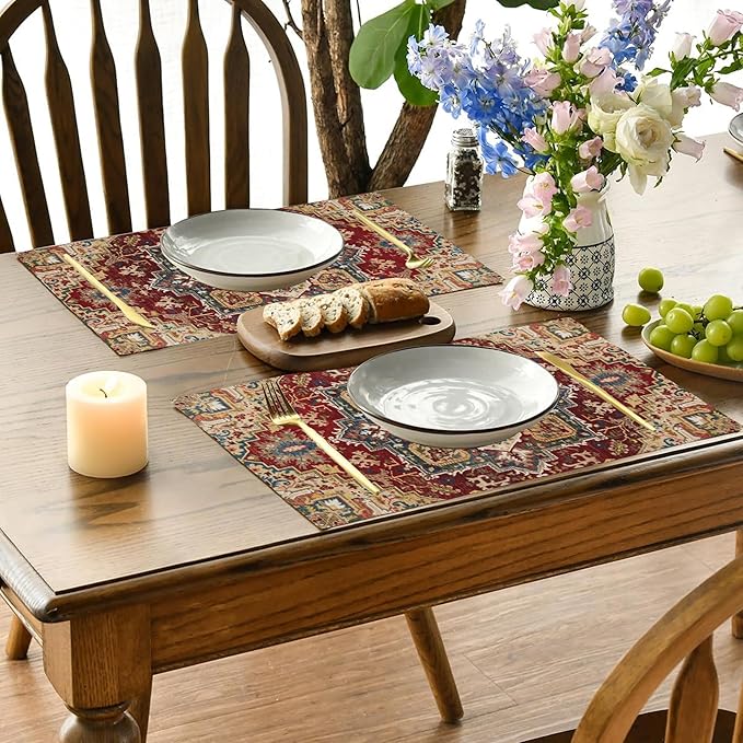 Retro Boho Carpet Placemats Set of 4,Boho 12x18 Inch Non-Slip Washable Heat Resistant Linen Fabric Table Mats,Place Mats for Holiday Party