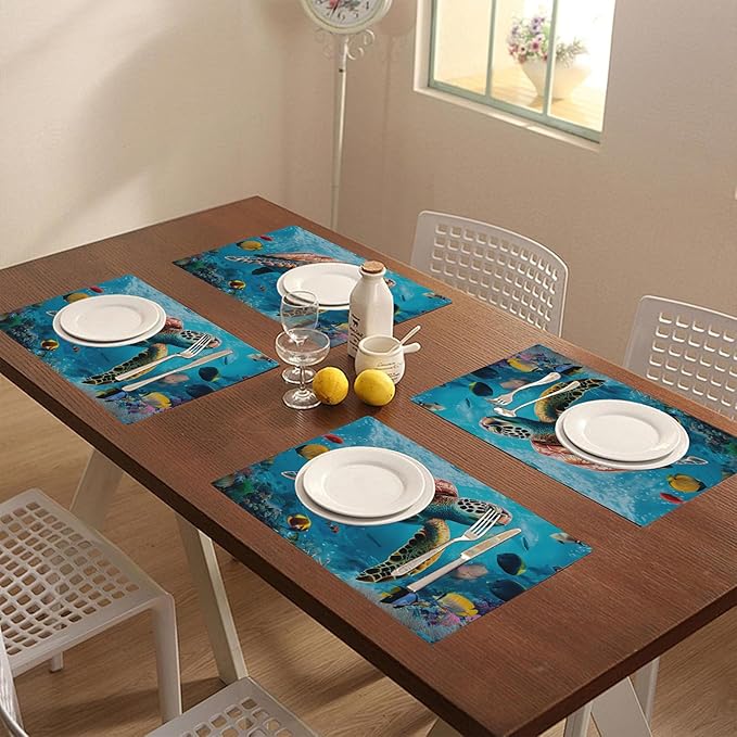 Placemats Set of 4 Sea Turtle and Fishes Dining Place Mats Linen Table Mat for Farmhouse Home Kitchen Decor 12 X 18 Inch