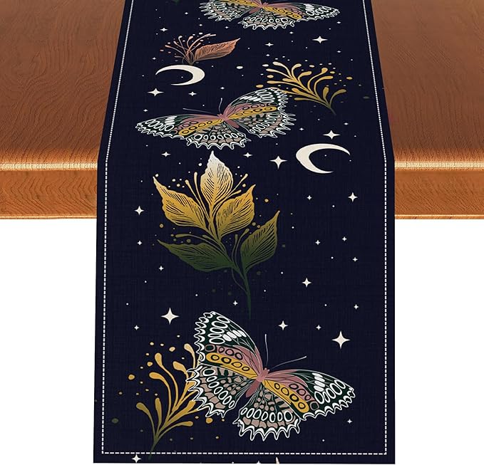 Gothic Moth Table Runner, Boho Gothic Floral Butterfly Sun Moon Mystical Witchy Starlight Coffee Table Center Decor for Home Kitchen Dining Patio Holiday Party Table Decorations 13x108 inches