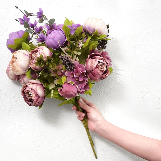 FiveSeasonStuff Rosy Brown and Purply Magenta Vintage Artificial Peonies Silk Flowers and Hydrangeas for Wedding Bridal Home Decor – Beautiful Floral Centerpiece Bouquet (Rustic Harmony)