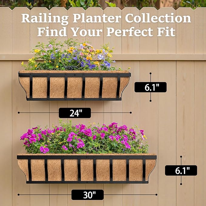 Railing Planter Boxes, Heavy Duty Window Box Planters, Adjustable Balcony Planters for Railing Hanging, with Coco Liner & Support Rod for Deck, Porch, and Patio Gardening (3 Pack, 24 Inch)