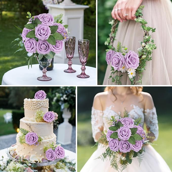 AmyHomie 25pcs Real Looking Artificial Lavender Roses w/Stem for DIY Wedding Bouquets Centerpieces Arrangements Party Baby Shower Valentines Day Christmas Tree Decorations