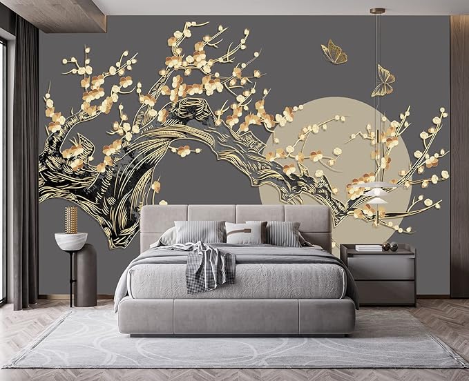 Golden Branches Butterflies Moon Wall Mural Wallpaper for Bedroom 137" x 100"