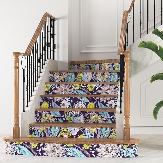 Purple Boho Wallpaper Peel and Stick,Vintage Yellow Floral Contact Paper, Botanical Flowers Retro Bohemia Wall Paper Self Adhesive Removable Waterproof for Walls Shelves Cabinet Table 17.5" x 118"